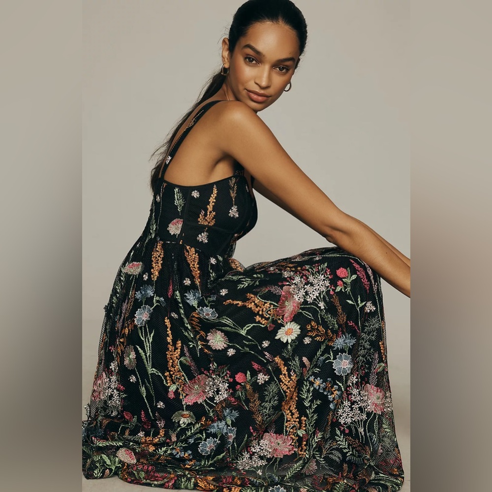 By Anthropologie Black Sheer Floral Embroidered in Florals Mesh Maxi Dress, M
